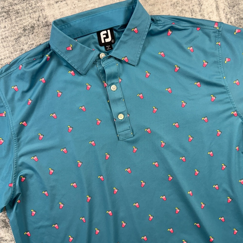 FootJoy Polo Shirt Mens XL Teal Cocktails Drinks AOP Golf Performance Stretch